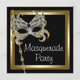 Gold Black Mask Masquerade Party Invitations