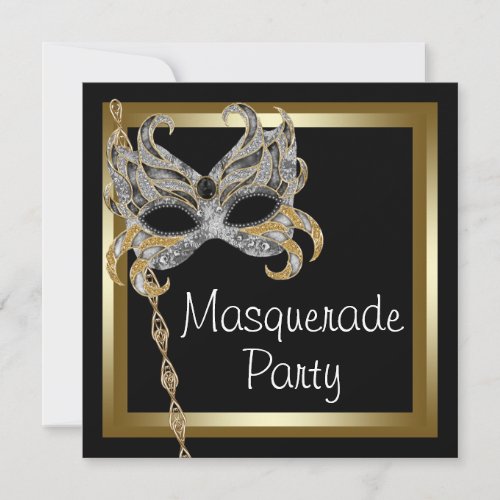 Gold Black Mask Masquerade Party Invitations