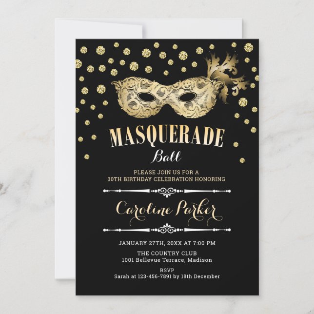 Gold Black Masquerade Ball Birthday Party Invitation (Front)