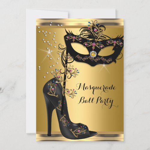 Gold Black Masquerade Ball Party Mask Jewel Invitation