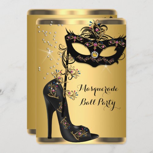 Gold Black Masquerade Ball Party Mask Jewel Invitation