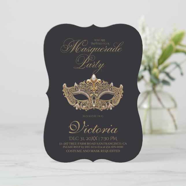 Gold Black Masquerade Party Birthday  Invitation (Standing Front)