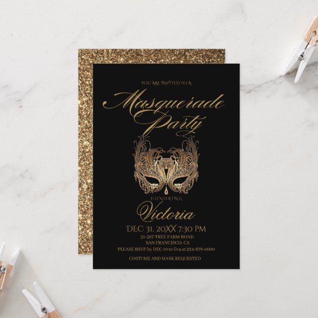 Gold Black Masquerade Party Birthday Invitation (Front/Back In Situ)