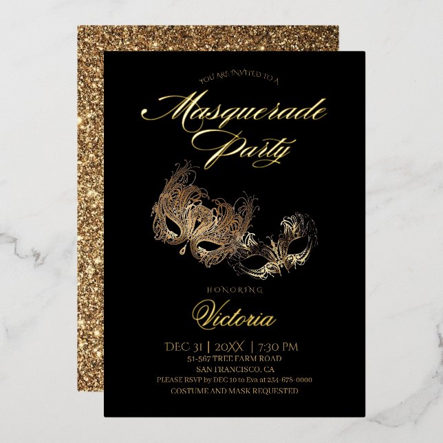 Gold Black Masquerade Party  Foil Invitation (Front/Back)