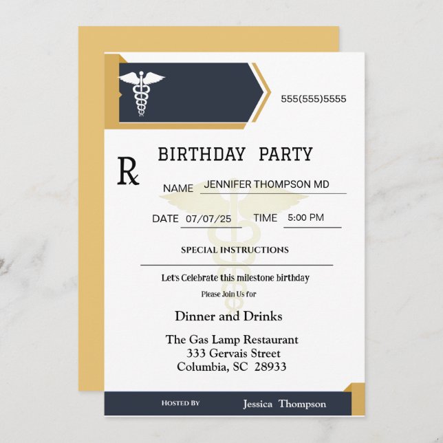 Gold Black Medical Prescription Pad Birthday   Invitation (Front/Back)