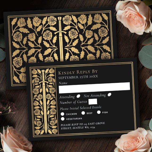 Gold Black Medieval Sword Wedding RSVP Card (Creator Uploaded)