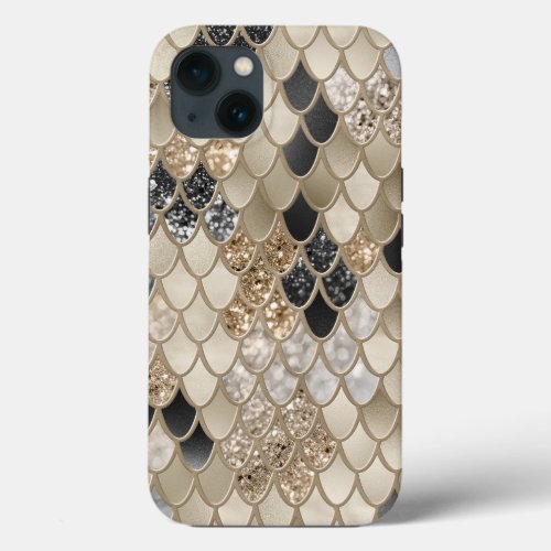 Gold Black Mermaid Scales Glam 2 Faux Glitter iPhone 13 Case