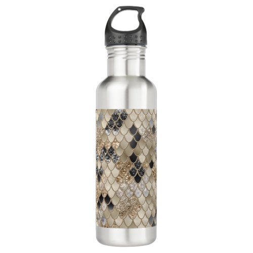 Gold Black Mermaid Scales Glam 2 Faux Glitter Stainless Steel Water Bottle