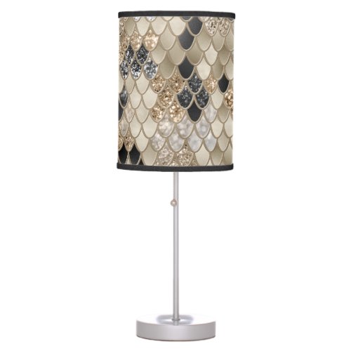 Gold Black Mermaid Scales Glam 2 Faux Glitter Table Lamp