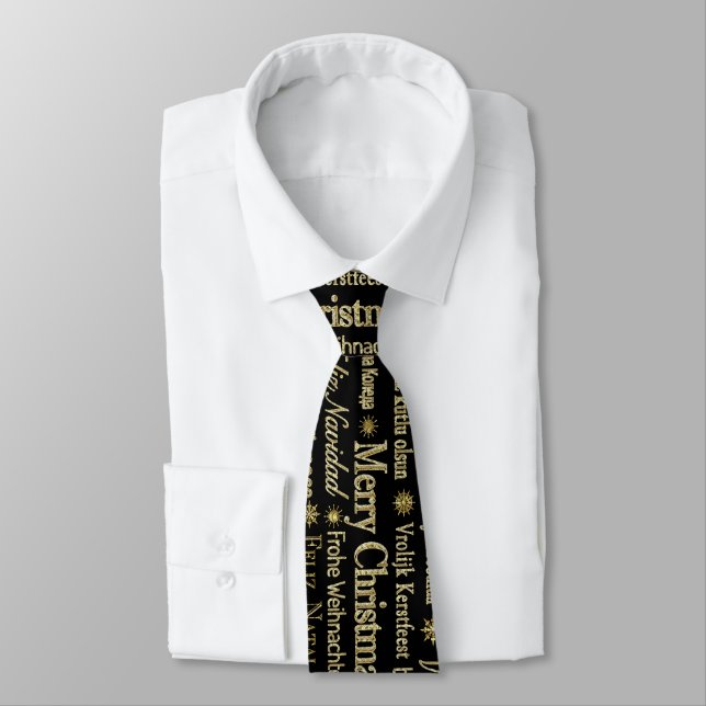 Gold & Black Merry Christmas In Many Languages Neck Tie (Tied)