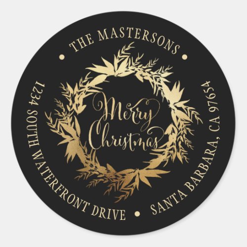 Gold Black Merry Christmas Wreath Return Address Classic Round Sticker