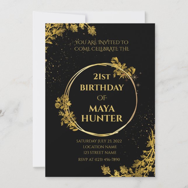 Gold Black Metallic Shiny 21st Birthday Invitation (Front)
