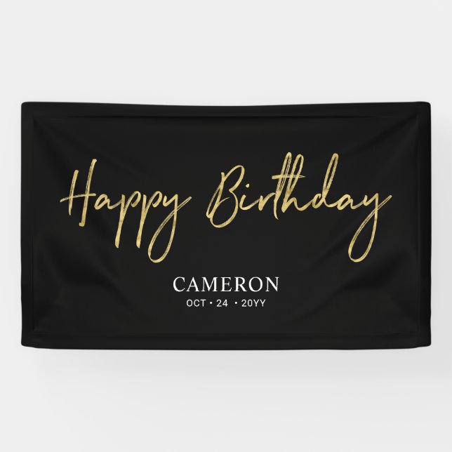 Gold & Black Minimal Custom Happy Birthday Banner (Horizontal)