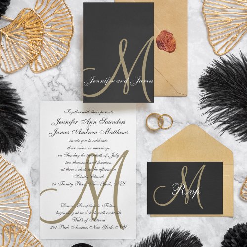 Gold Black Minimal Script Monogram Wedding RSVP Invitation Postcard