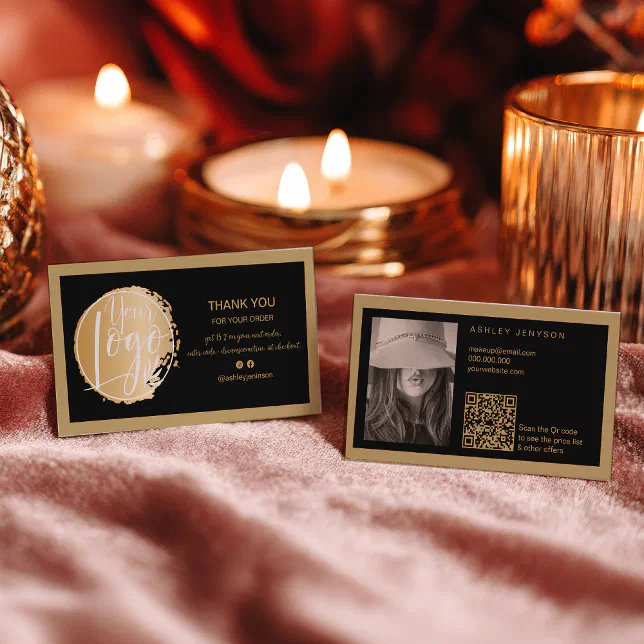 Gold Black minimalist logo Qr order thank you Business Card | Zazzle
