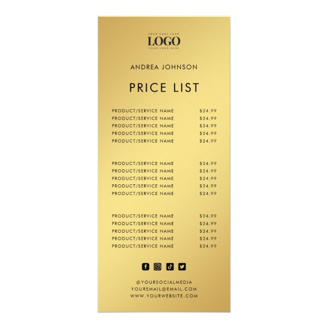 Gold & Black Minimalist Logo Service Price List Rack Card (Front)