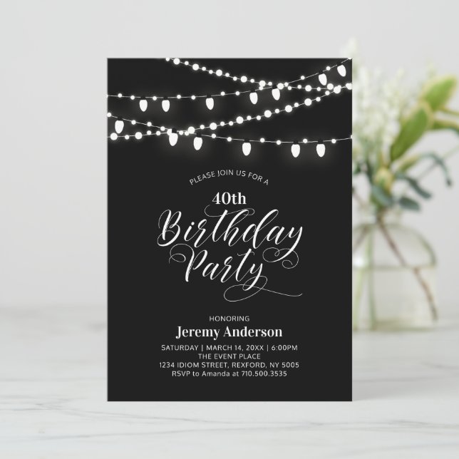 Gold & Black Modern 40th Adult Birthday Party Invitation (Standing Front)