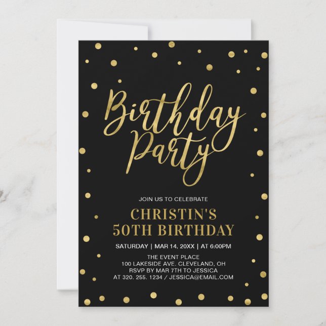 Gold & Black | Modern Adult 50th Birthday Party Invitation (Front)