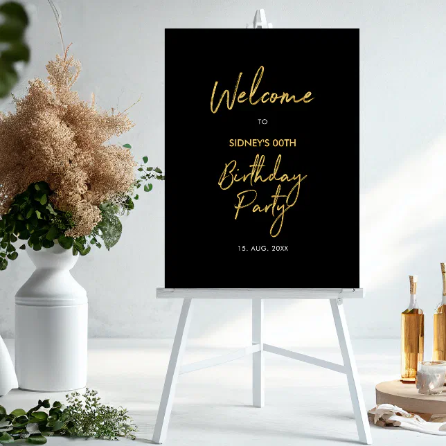 Gold & Black Modern Birthday Party Welcome Foam Board | Zazzle