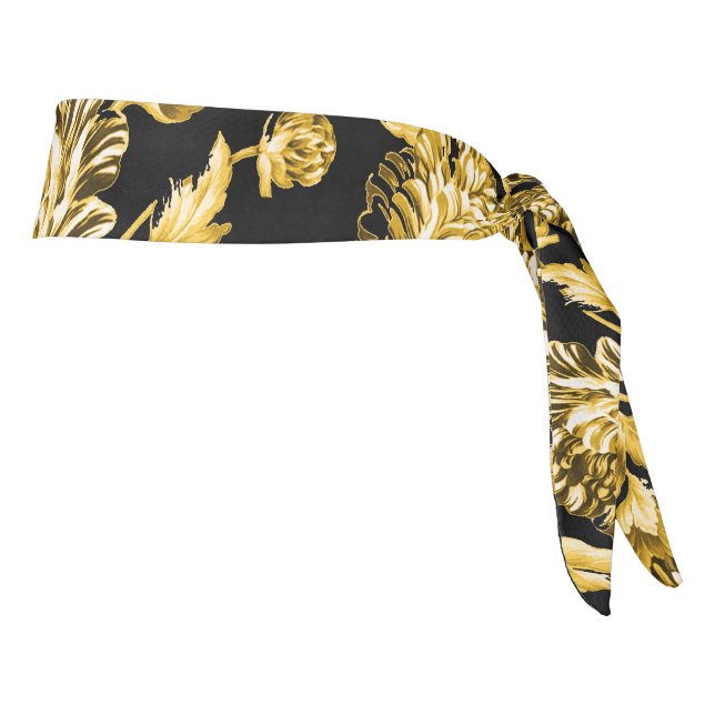 Gold & Black Modern Botanical Floral Toile Tie Headband (Rotate 90)