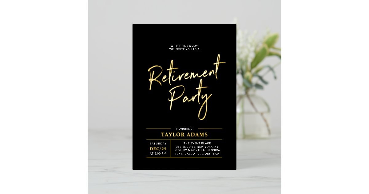 Gold & Black Modern Brush Script Retirement Party Foil Invitation | Zazzle