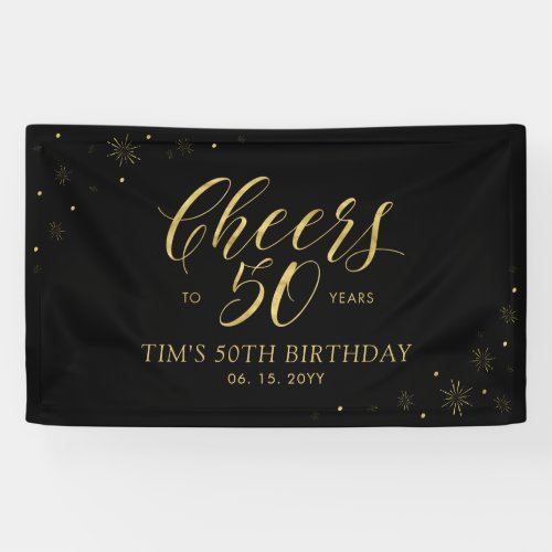Gold  Black Modern Cheers 50th Birthday Party Banner