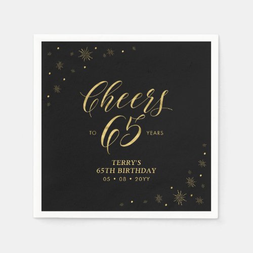 Gold  Black  Modern Cheers 65th Birthday Party Napkins