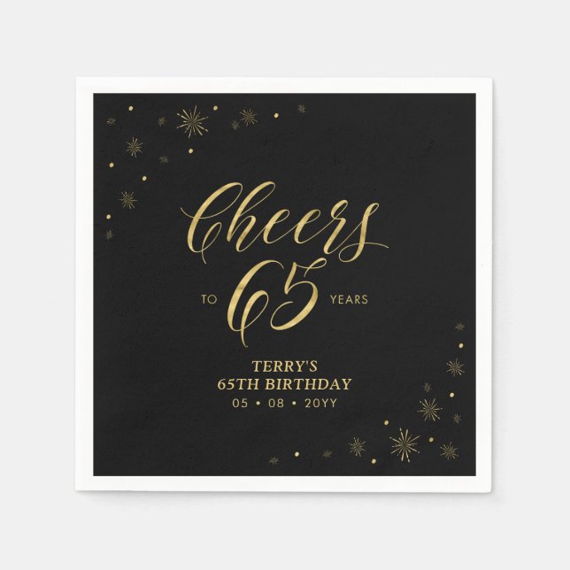 Gold & Black | Modern Cheers 65th Birthday Party Napkins (Front)