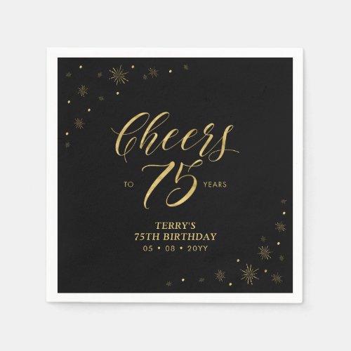 Gold  Black  Modern Cheers 75th Birthday Party Napkins