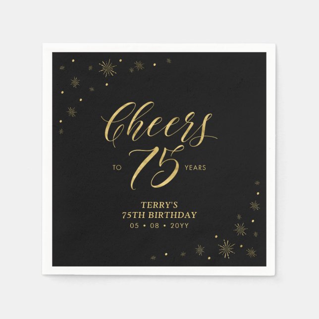 Gold & Black | Modern Cheers 75th Birthday Party Napkins (Front)