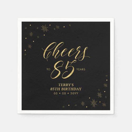 Gold  Black  Modern Cheers 85th Birthday Party Napkins