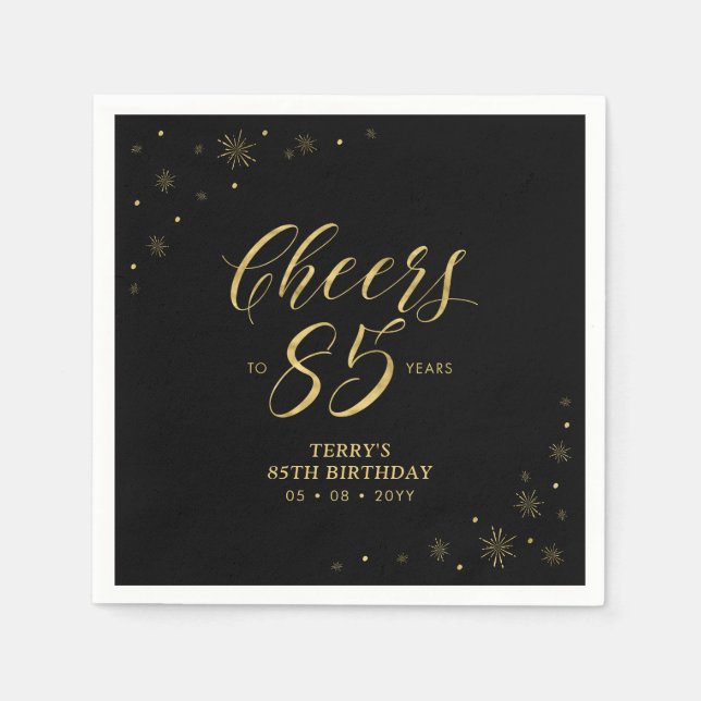 Gold & Black | Modern Cheers 85th Birthday Party Napkins (Front)
