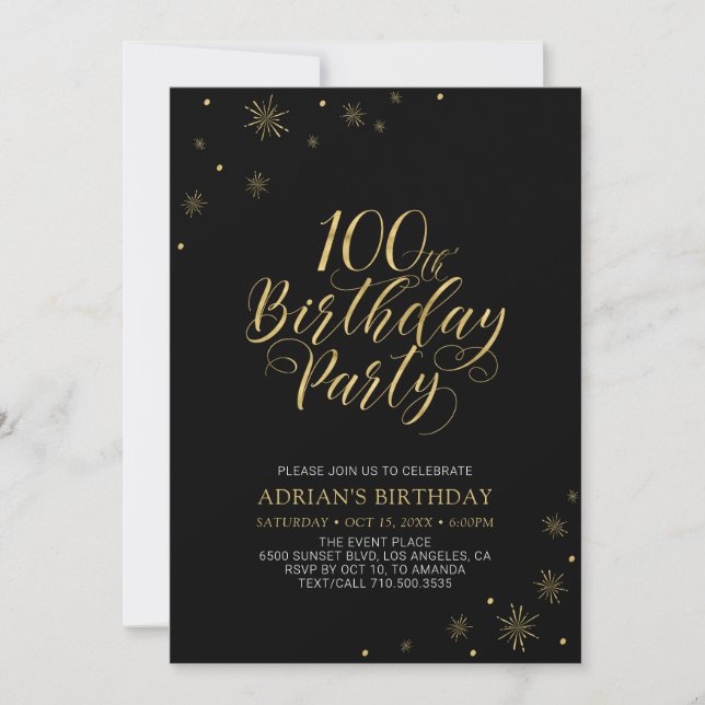 Gold & Black | Modern Chic 100th Birthday Party Invitation (Front)