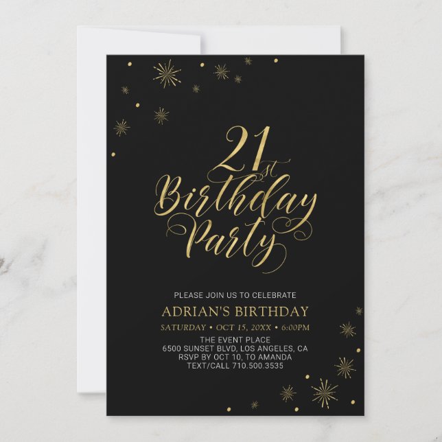 Gold & Black | Modern Chic 21st Birthday Party Invitation (Front)
