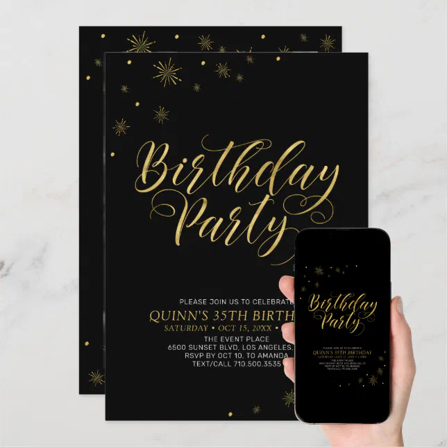 Gold & Black | Modern Chic 35th Birthday Party Invitation | Zazzle