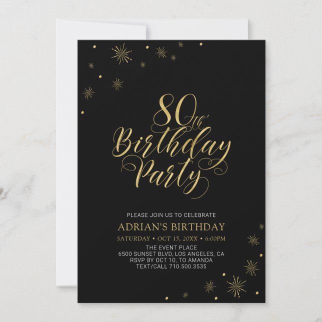Gold & Black | Modern Chic 80th Birthday Party Invitation (Front)