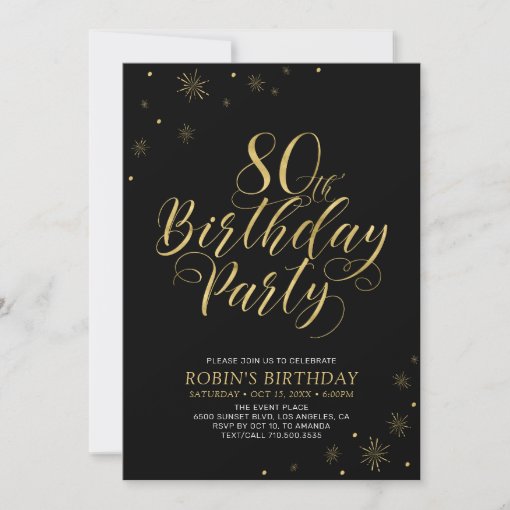 Gold & Black | Modern Chic 80th Birthday Party Invitation | Zazzle