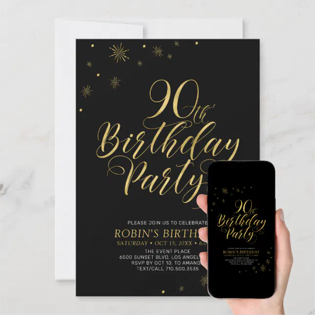 Gold & Black | Modern Chic 90th Birthday Party Invitation | Zazzle