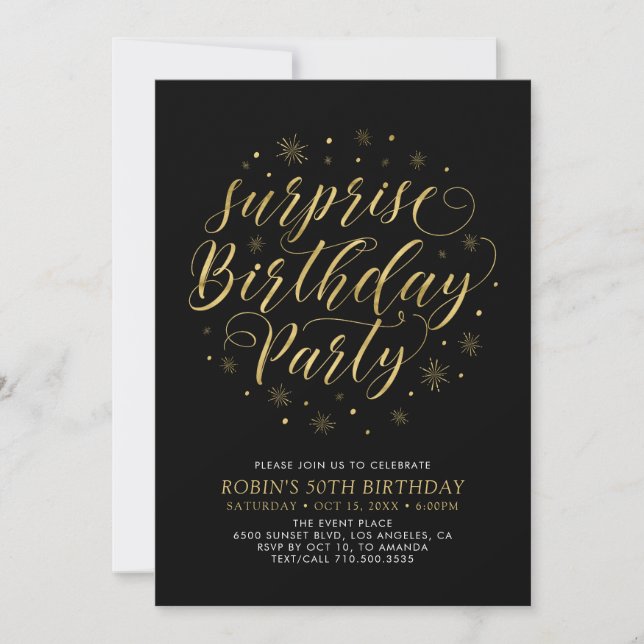 Gold & Black | Modern Chic Surprise Birthday Party Invitation (Front)