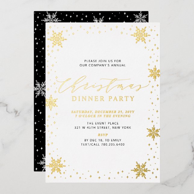Gold & Black Modern Christmas Holiday Dinner Party Foil Invitation (Front/Back)