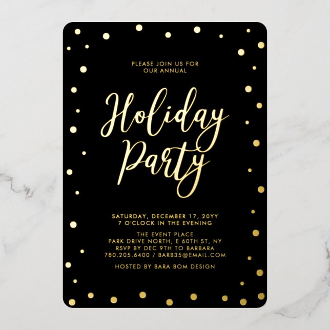 Gold & Black Modern Christmas Holiday Party Foil Invitation (Front)