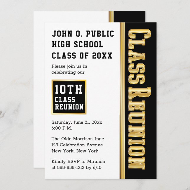 Gold | Black Modern Class Reunion Party Invitation (Front/Back)