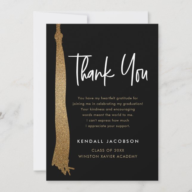 Gold Black Modern Graduation Cap Tassel  Thank You Card (Front)