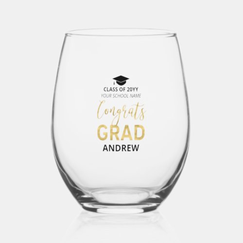  Gold  Black  Modern Graduation Gift Custom Name Stemless Wine Glass