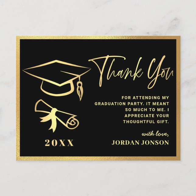 Gold Black Modern Graduation Party Thank You Postcard (Front)