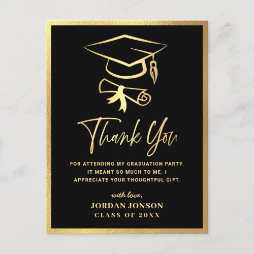 Gold Black Modern Graduation Party Thank You Postcard
