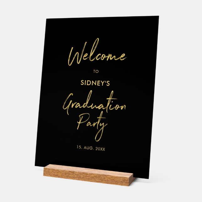 Gold & Black Modern Graduation Party Welcome Sign (Angle)