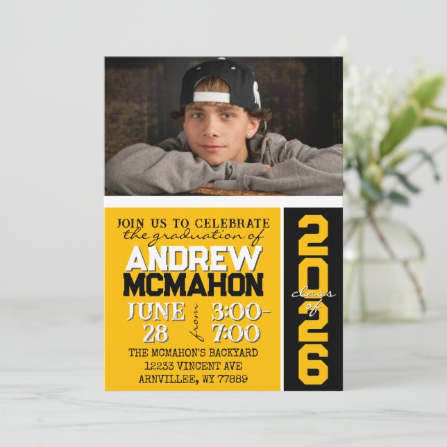 Gold & Black Modern Graduation Photo Invitation (Standing Front)