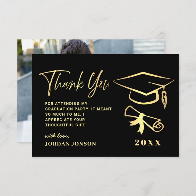 Gold Black Modern Graduation PHOTO Thank You Card (Front/Back)