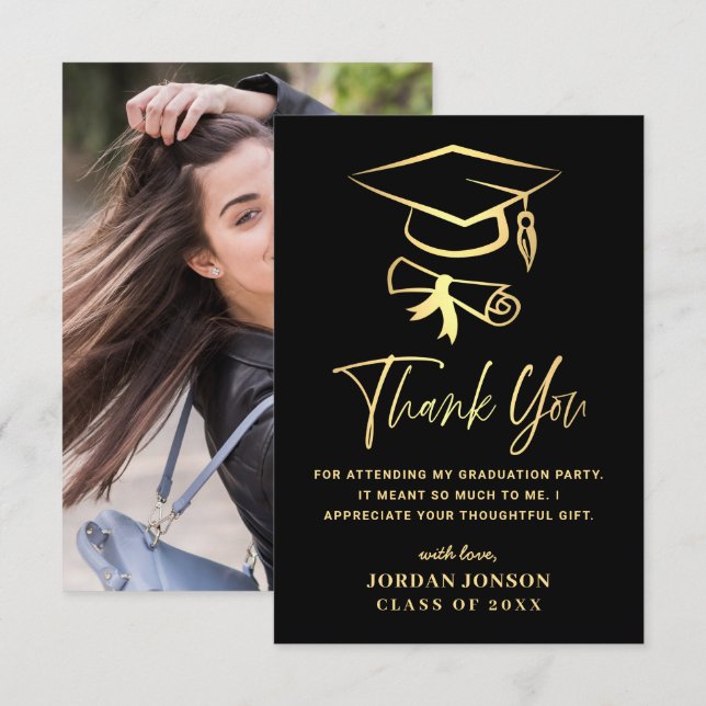 Gold Black Modern Graduation PHOTO Thank You Card (Front/Back)